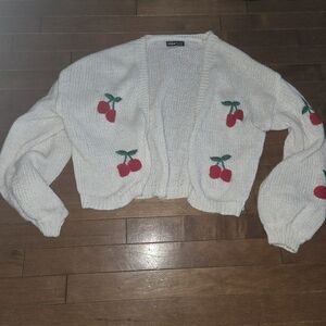 White Cardigan With Cherry Designs